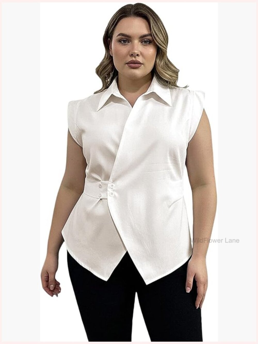 Women's Plus Size Wrap Collared Shirt Ruched Cap Sleeve Asymmetrical Work Blouse